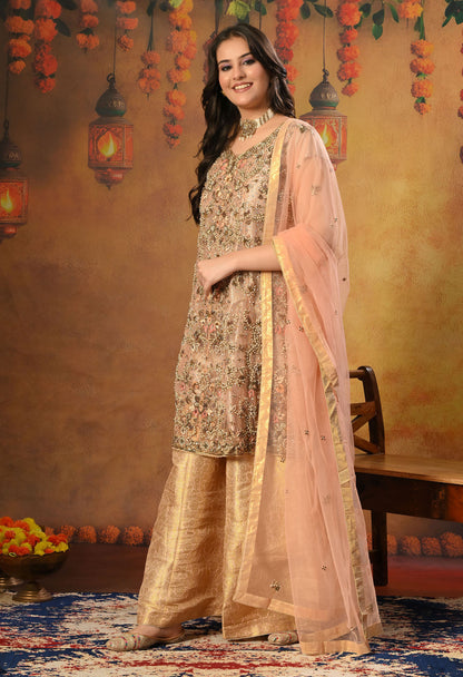 Peach Sharara Set with Zardozi, Thread, Sequence and Cutdana Work