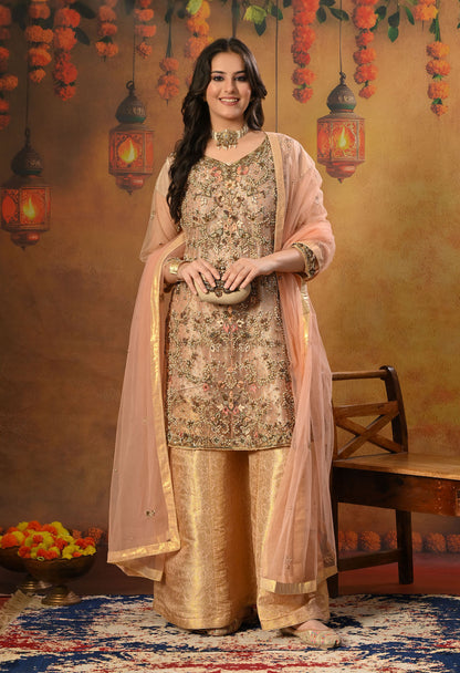 Peach Sharara Set with Zardozi, Thread, Sequence and Cutdana Work