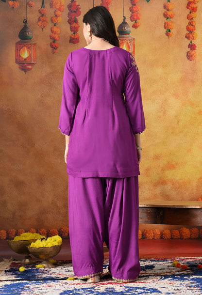 Elegant purple kurta set in cotton silk with thread, zardozi, and sequin work, paired with a graceful farshi salwar and net dupatta