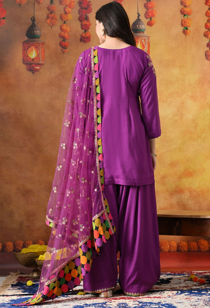 Elegant purple kurta set in cotton silk with thread, zardozi, and sequin work, paired with a graceful farshi salwar and net dupatta