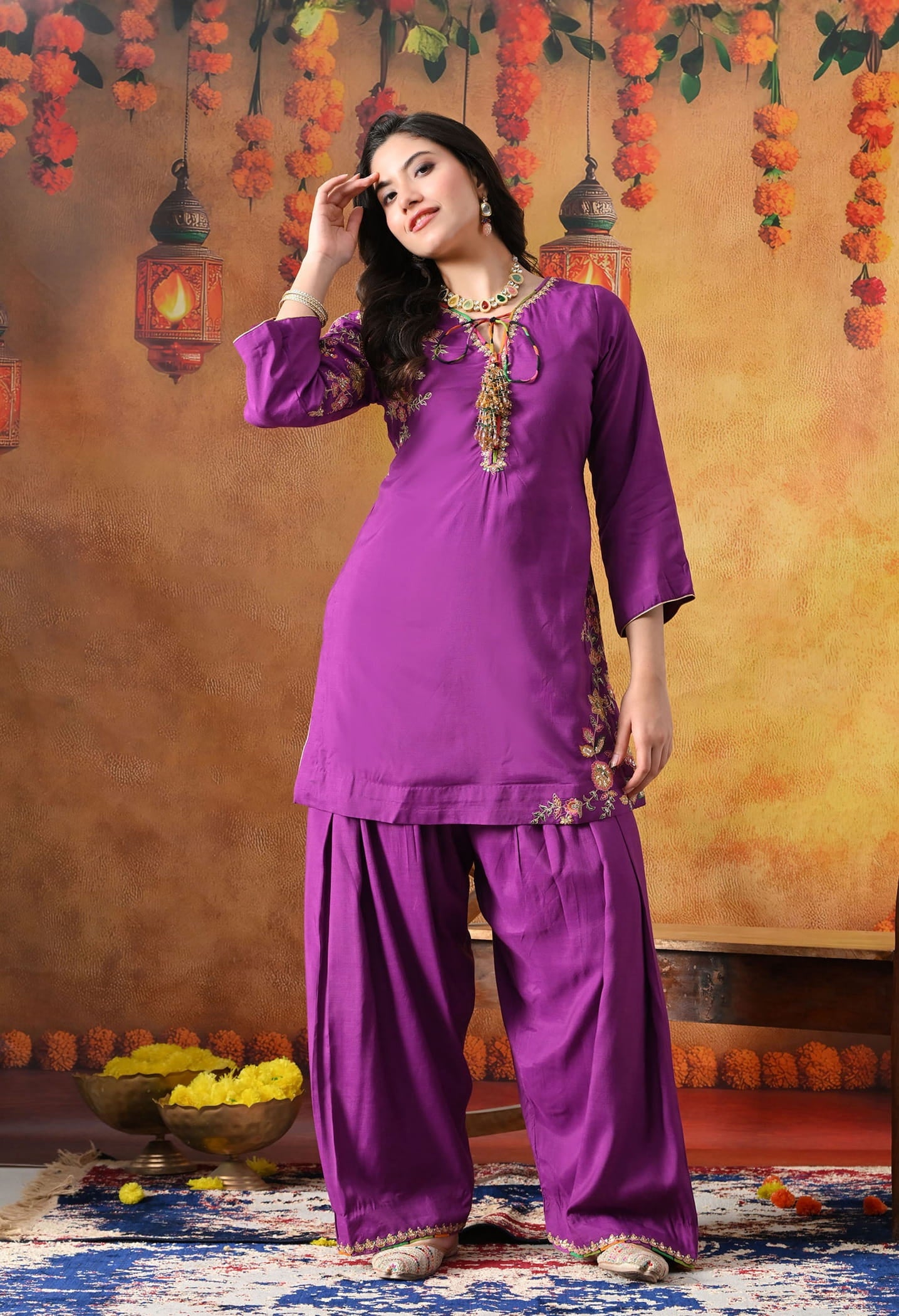 Elegant purple kurta set in cotton silk with thread, zardozi, and sequin work, paired with a graceful farshi salwar and net dupatta