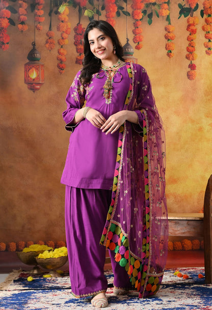 Elegant purple kurta set in cotton silk with thread, zardozi, and sequin work, paired with a graceful farshi salwar and net dupatta