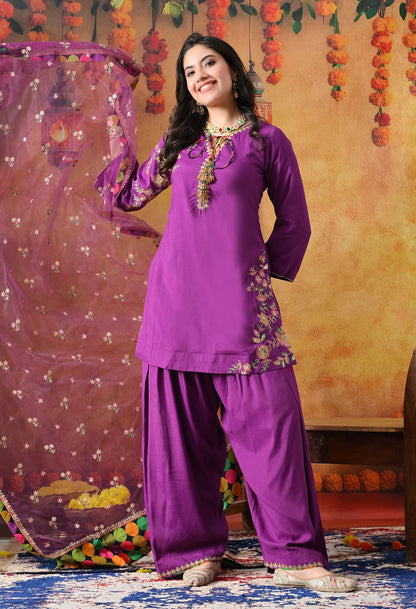 Elegant purple kurta set in cotton silk with thread, zardozi, and sequin work, paired with a graceful farshi salwar and net dupatta