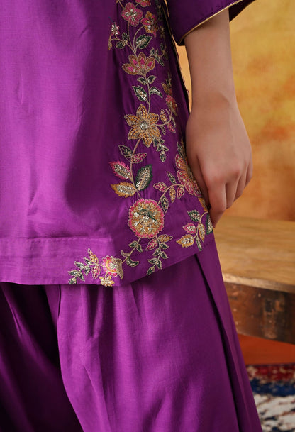 Elegant purple kurta set in cotton silk with thread, zardozi, and sequin work, paired with a graceful farshi salwar and net dupatta