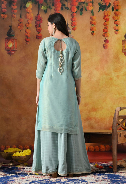 Sapphire Blue Tissue Organza Sharara Set with intricate gotta, zardozi, and crystal work, paired with a crepe sharara