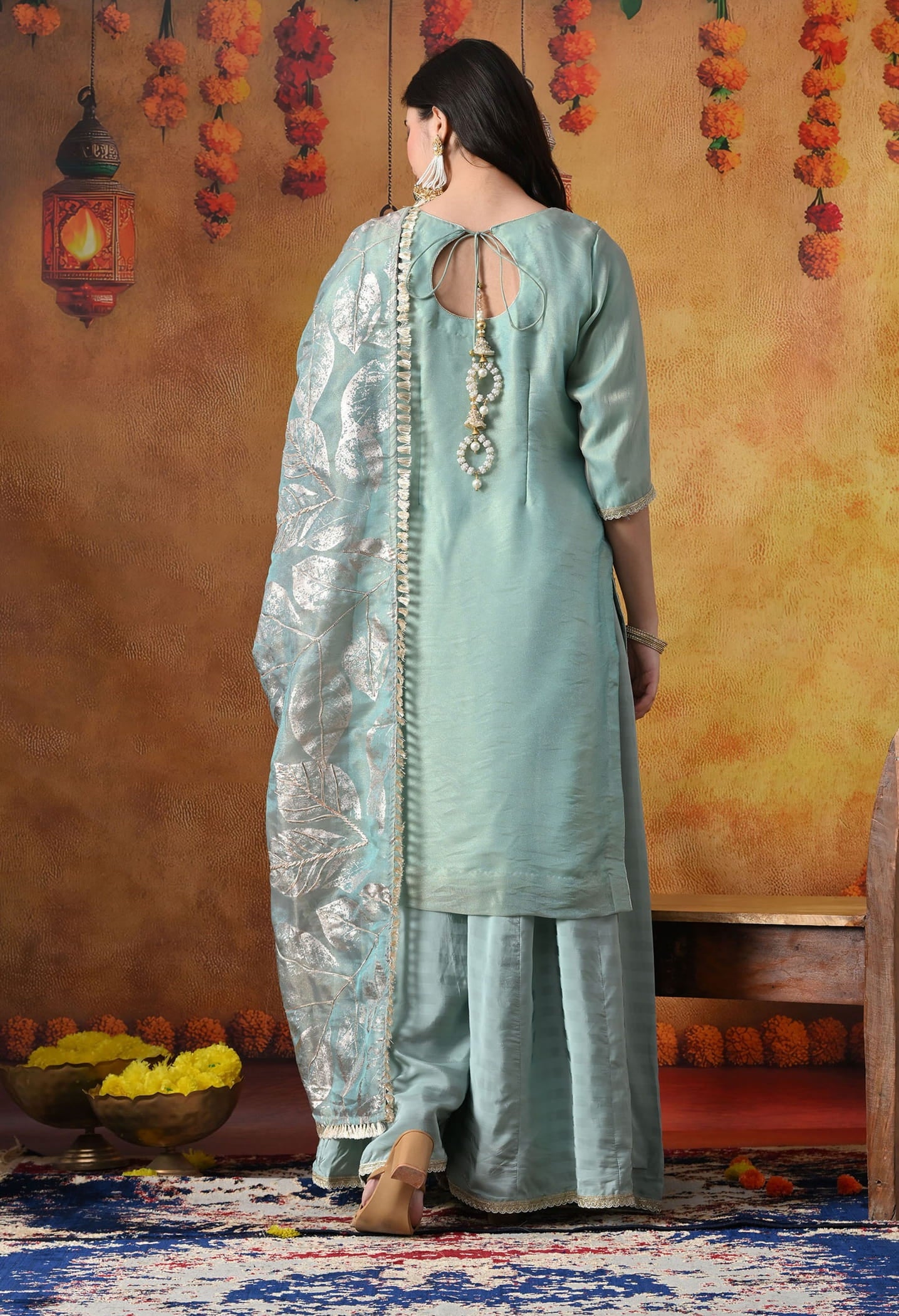Sapphire Blue Tissue Organza Sharara Set with intricate gotta, zardozi, and crystal work, paired with a crepe sharara