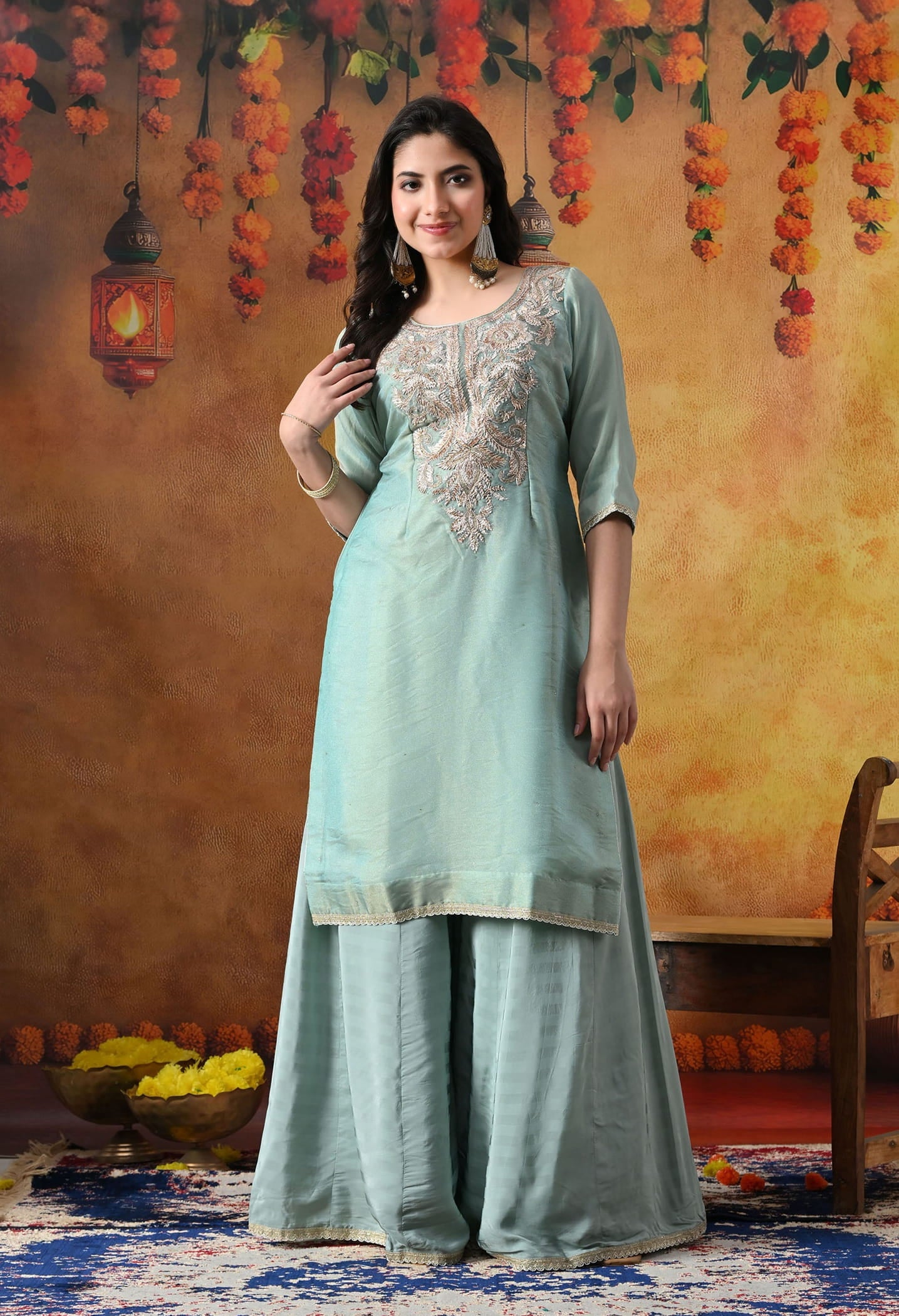 Sapphire Blue Tissue Organza Sharara Set with intricate gotta, zardozi, and crystal work, paired with a crepe sharara