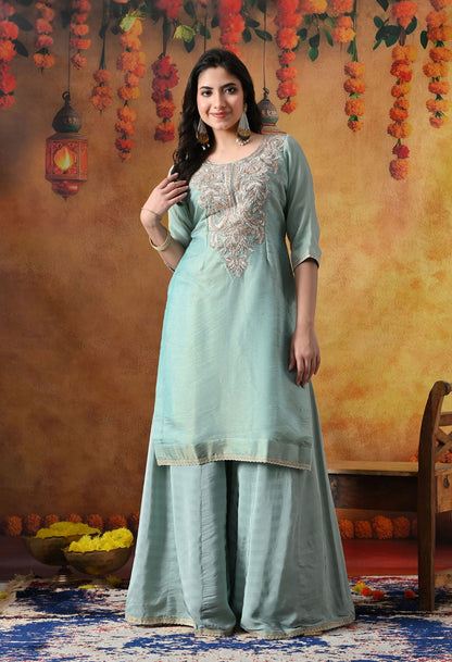 Sapphire Blue Tissue Organza Sharara Set with intricate gotta, zardozi, and crystal work, paired with a crepe sharara