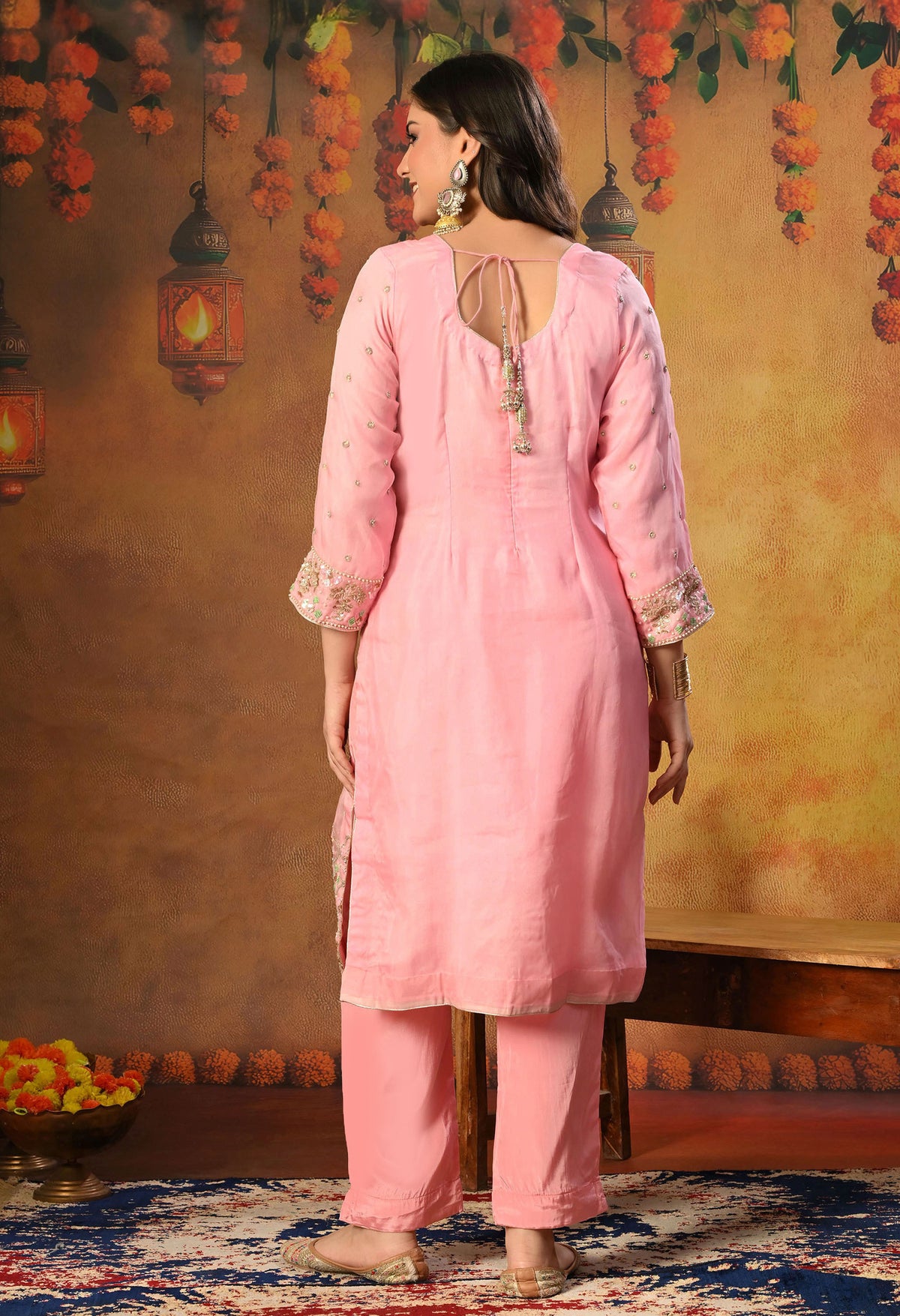 Elegant Onion Pink Organza Kurta Set with Sequin and Thread Embroidery