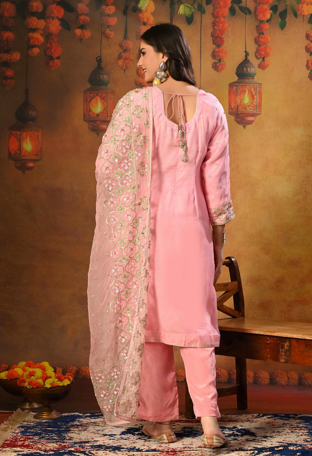 Elegant Onion Pink Organza Kurta Set with Sequin and Thread Embroidery