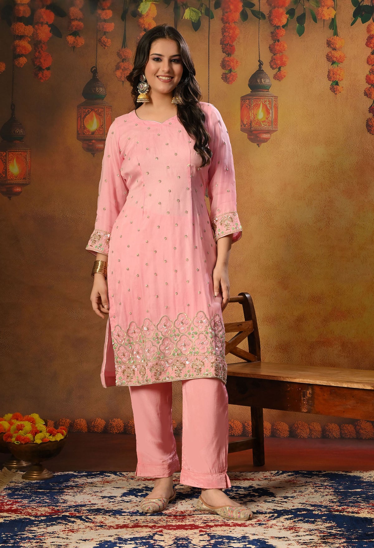 Elegant Onion Pink Organza Kurta Set with Sequin and Thread Embroidery