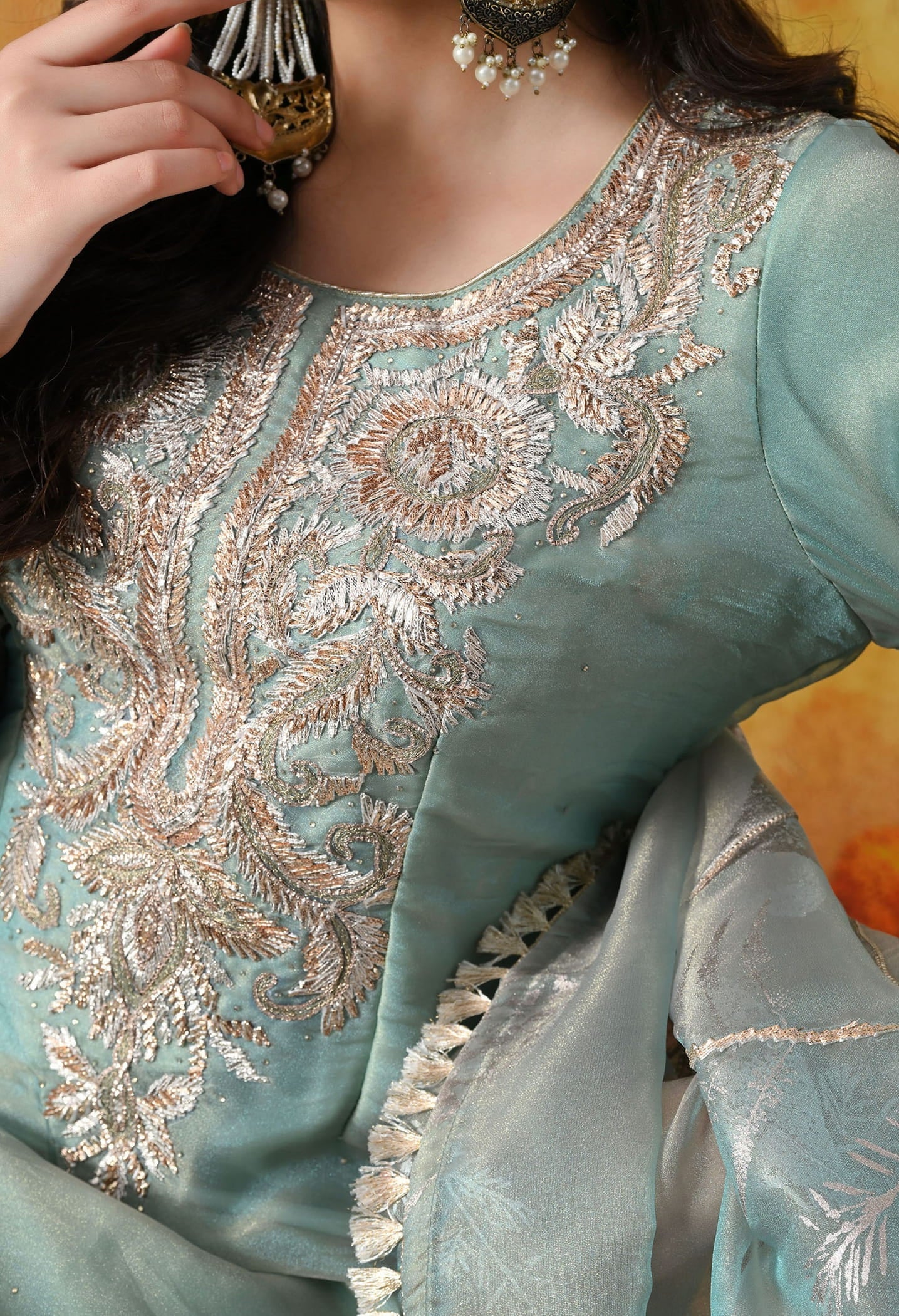 Sapphire Blue Tissue Organza Sharara Set with intricate gotta, zardozi, and crystal work, paired with a crepe sharara