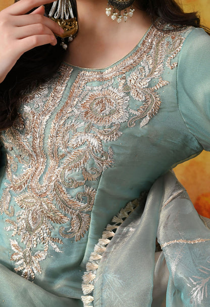 Sapphire Blue Tissue Organza Sharara Set with intricate gotta, zardozi, and crystal work, paired with a crepe sharara