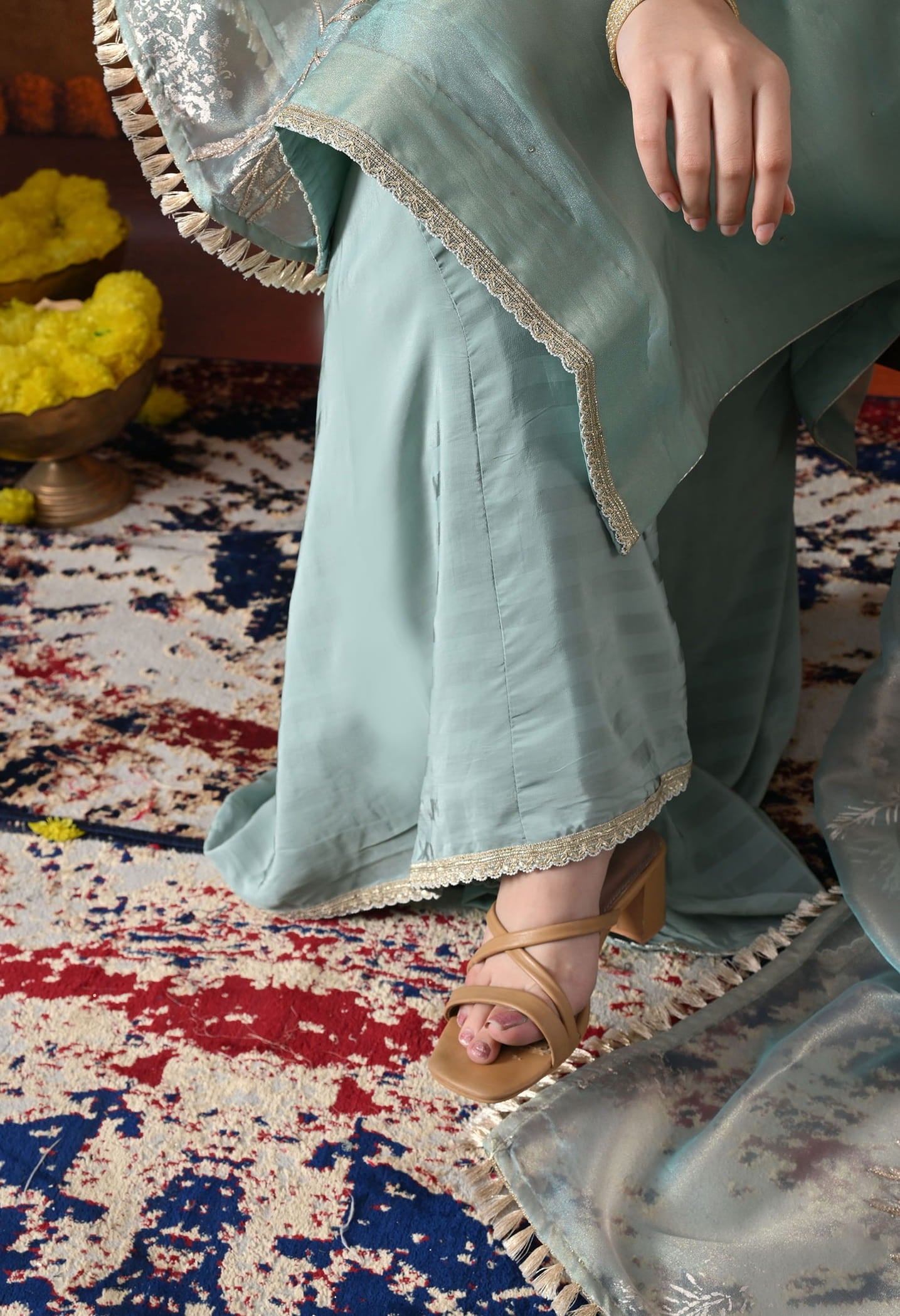 Sapphire Blue Tissue Organza Sharara Set with intricate gotta, zardozi, and crystal work, paired with a crepe sharara