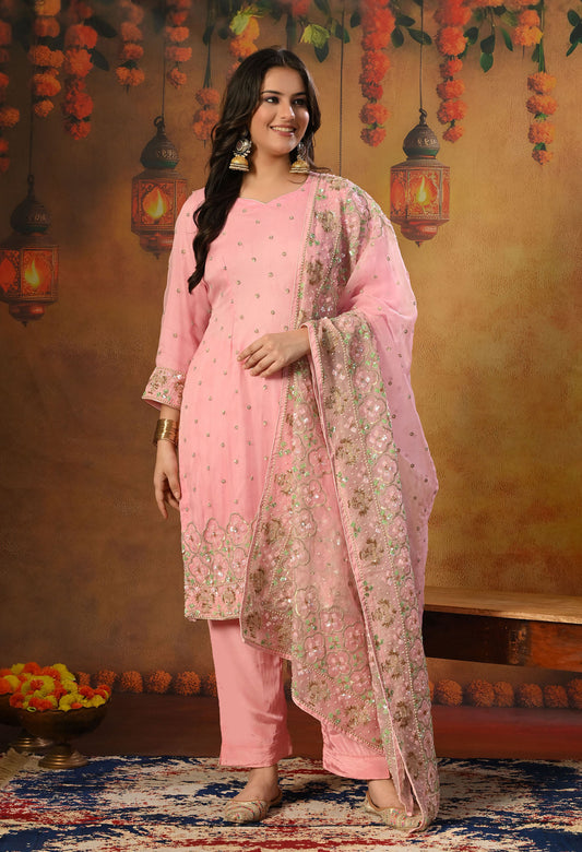 Elegant Onion Pink Organza Kurta Set with Sequin and Thread Embroidery