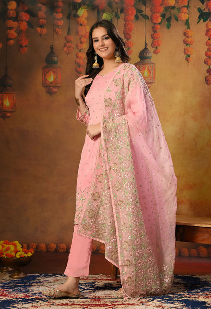 Elegant Onion Pink Organza Kurta Set with Sequin and Thread Embroidery