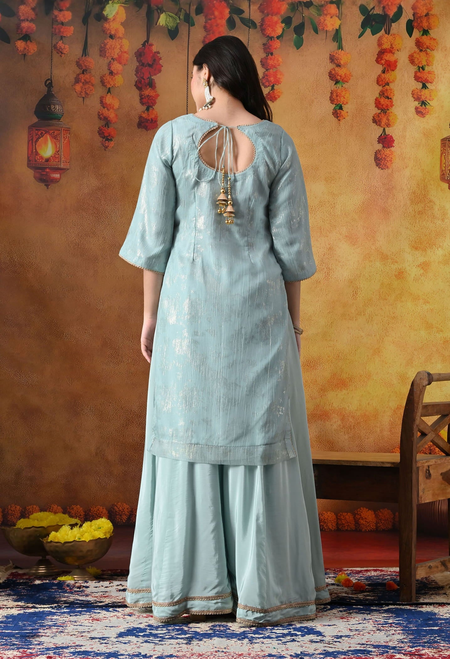 Sky Blue Crust Organza Sharara Set with intricate gotta, zardozi, applique, and crystal work, paired with a pink and blue dupatta