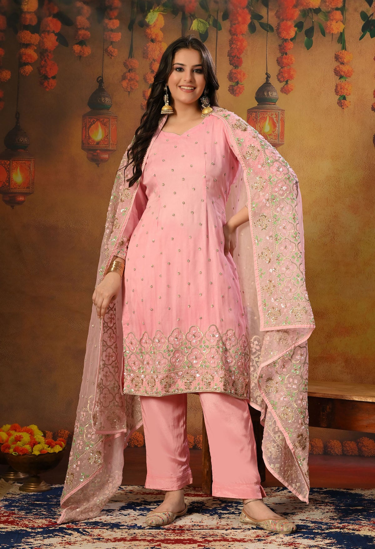 Elegant Onion Pink Organza Kurta Set with Sequin and Thread Embroidery