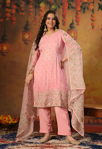 Elegant Onion Pink Organza Kurta Set with Sequin and Thread Embroidery