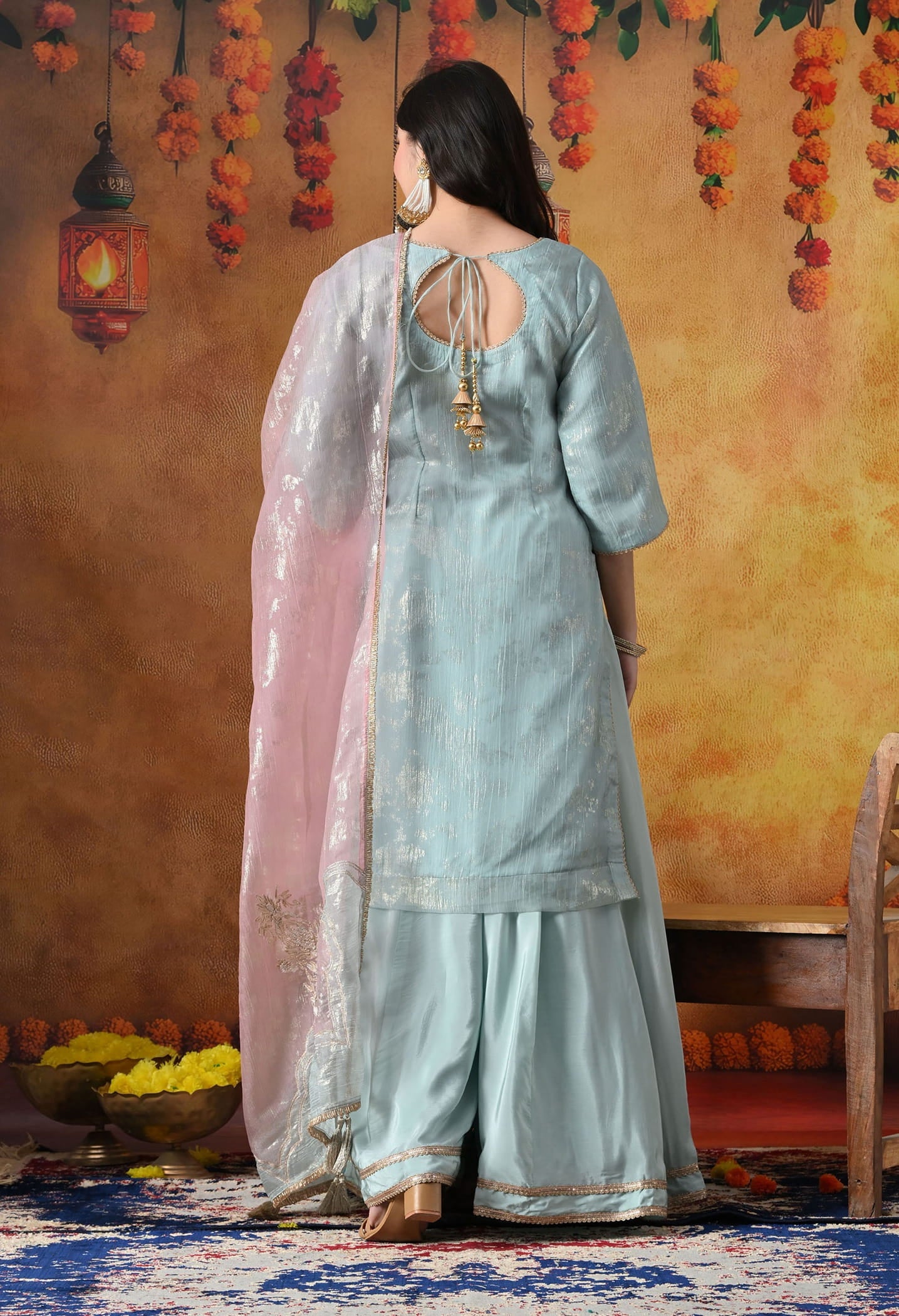 Sky Blue Crust Organza Sharara Set with intricate gotta, zardozi, applique, and crystal work, paired with a pink and blue dupatta