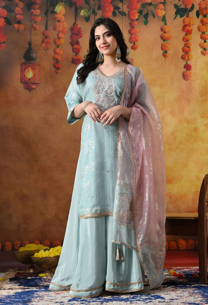 Sky Blue Crust Organza Sharara Set with intricate gotta, zardozi, applique, and crystal work, paired with a pink and blue dupatta
