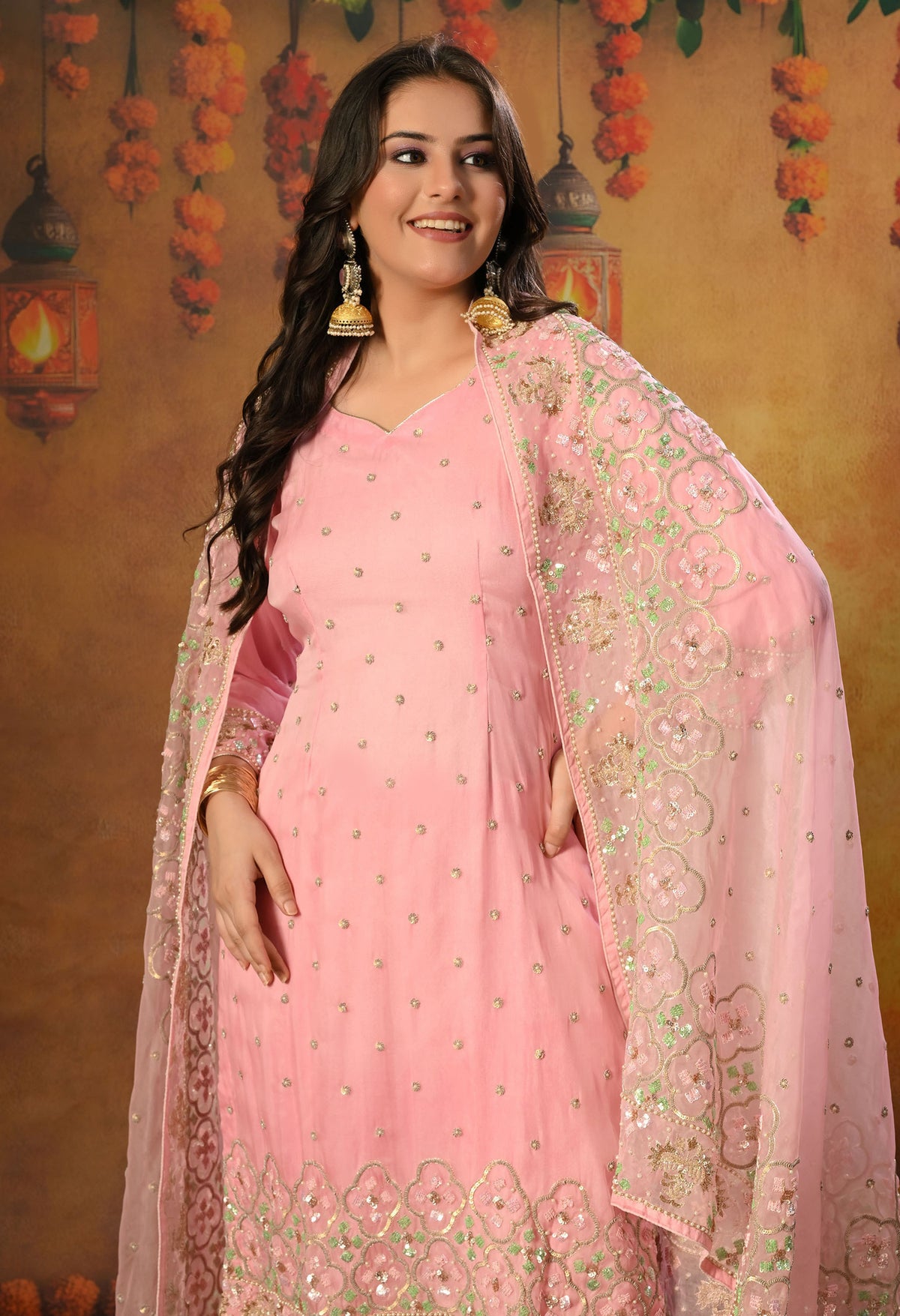 Elegant Onion Pink Organza Kurta Set with Sequin and Thread Embroidery