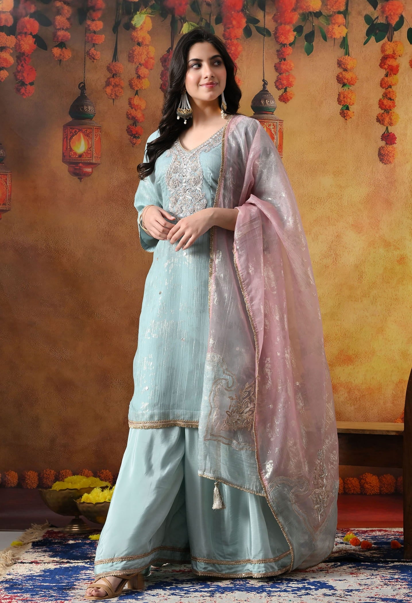 Sky Blue Crust Organza Sharara Set with intricate gotta, zardozi, applique, and crystal work, paired with a pink and blue dupatta