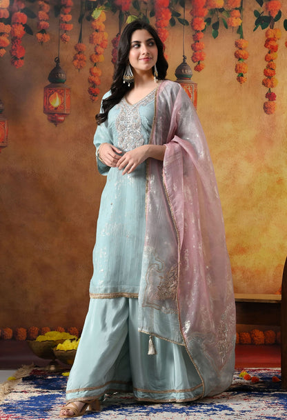 Sky Blue Crust Organza Sharara Set with intricate gotta, zardozi, applique, and crystal work, paired with a pink and blue dupatta