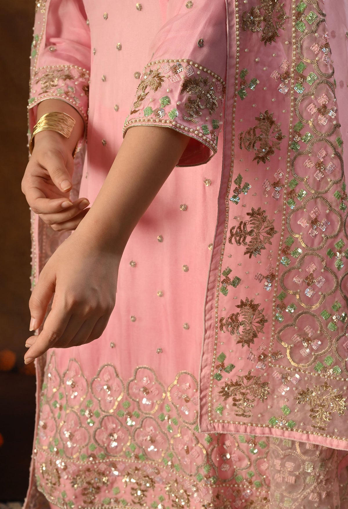 Elegant Onion Pink Organza Kurta Set with Sequin and Thread Embroidery