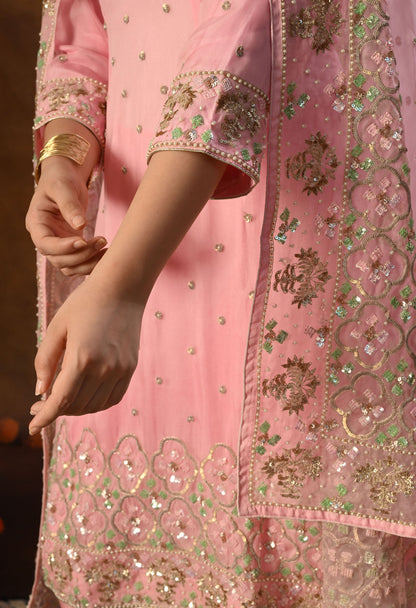 Elegant Onion Pink Organza Kurta Set with Sequin and Thread Embroidery