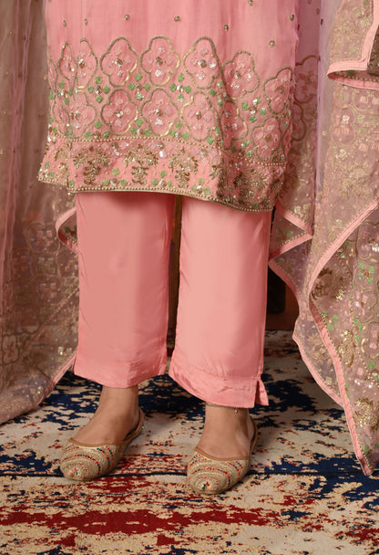 Elegant Onion Pink Organza Kurta Set with Sequin and Thread Embroidery