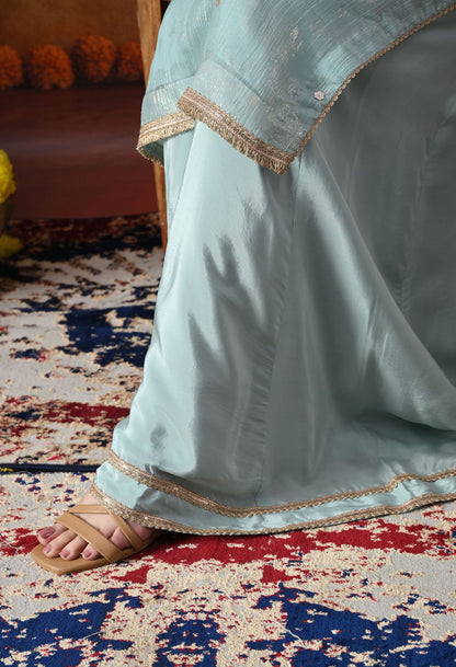 Sky Blue Crust Organza Sharara Set with intricate gotta, zardozi, applique, and crystal work, paired with a pink and blue dupatta