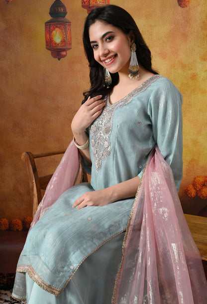 Sky Blue Crust Organza Sharara Set with intricate gotta, zardozi, applique, and crystal work, paired with a pink and blue dupatta