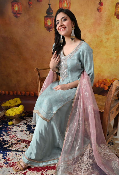 Sky Blue Crust Organza Sharara Set with intricate gotta, zardozi, applique, and crystal work, paired with a pink and blue dupatta