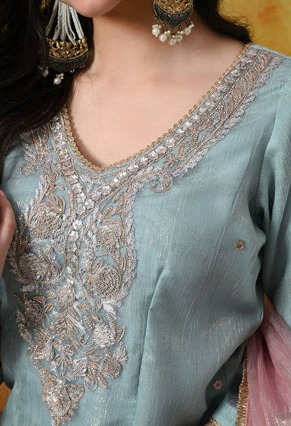 Sky Blue Crust Organza Sharara Set with intricate gotta, zardozi, applique, and crystal work, paired with a pink and blue dupatta