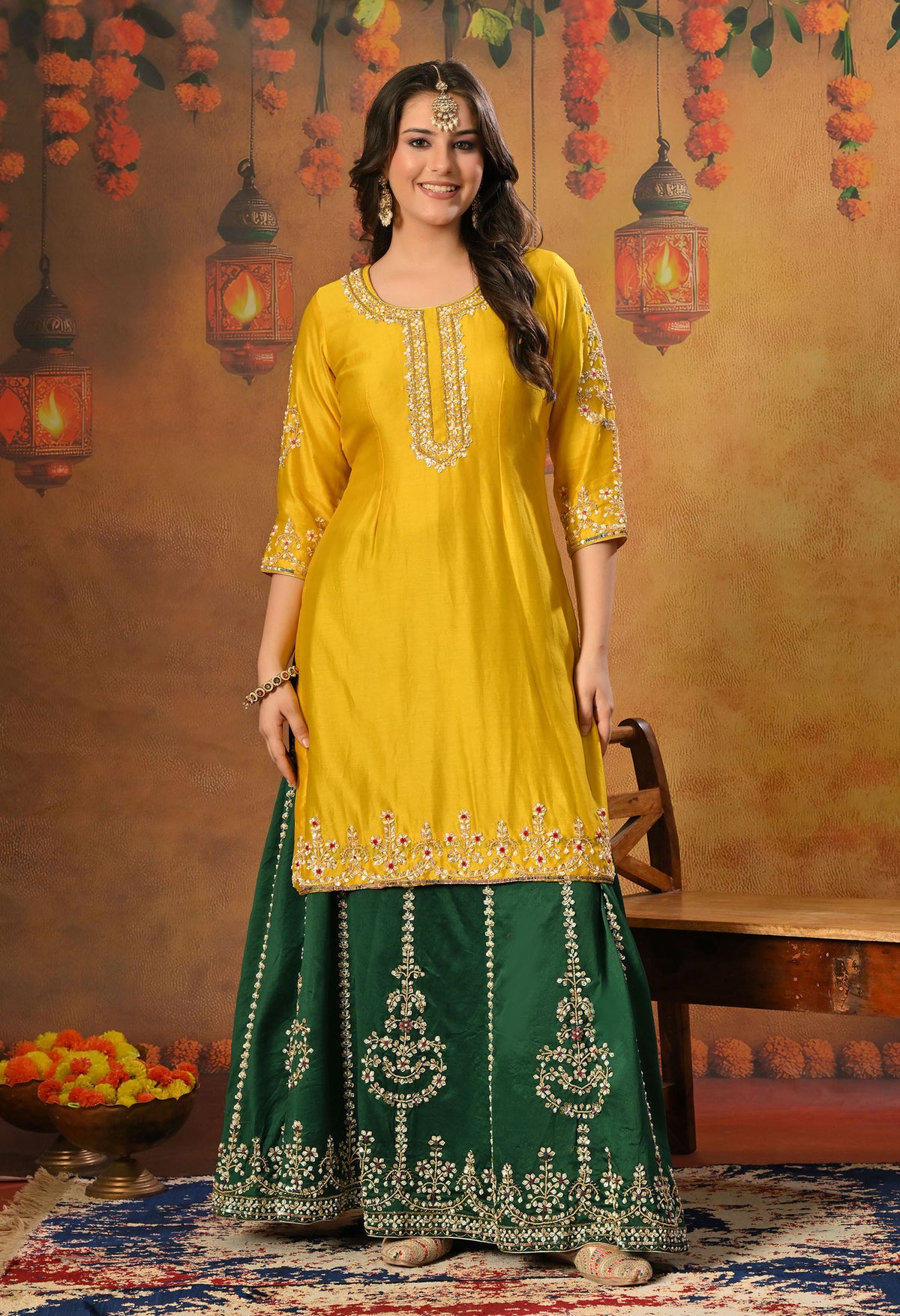 Green and Yellow Lehenga Set with Exquisite Sequence Work