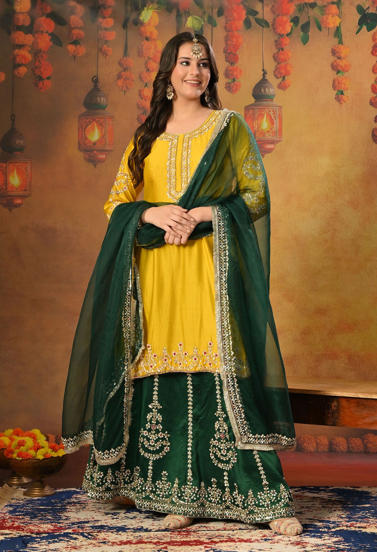 Green and Yellow Lehenga Set with Exquisite Sequence Work