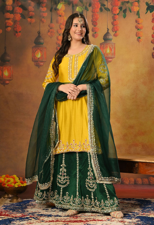 Green and Yellow Lehenga Set with Exquisite Sequence Work