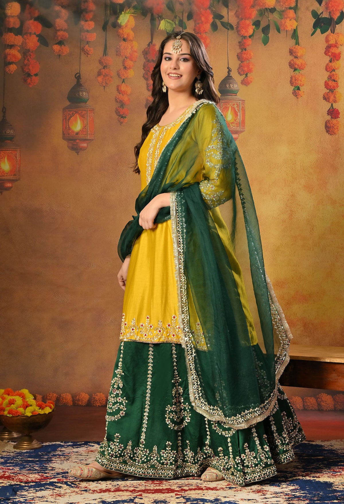 Green and Yellow Lehenga Set with Exquisite Sequence Work