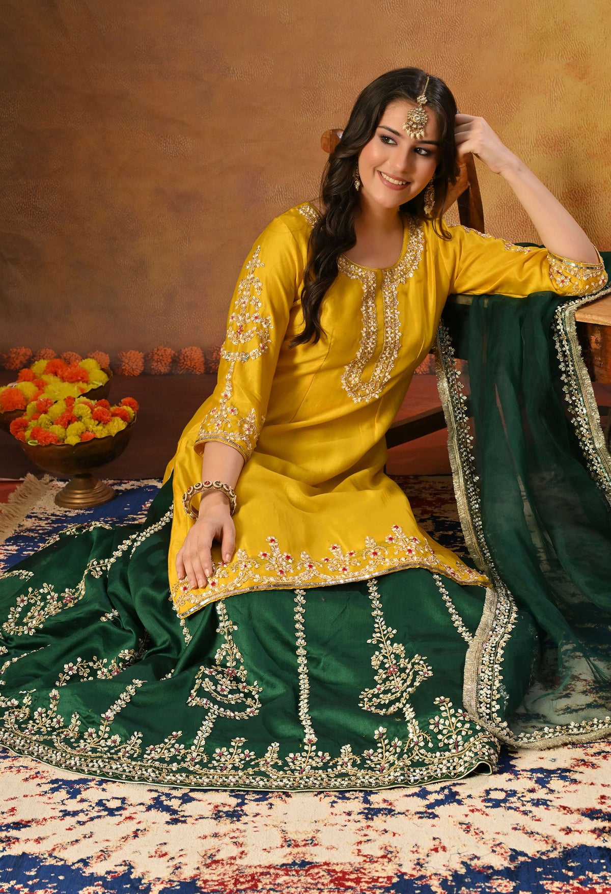 Green and Yellow Lehenga Set with Exquisite Sequence Work