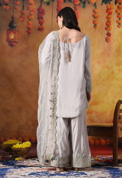 Light Pink Cotton Silk Kurta Set with intricate zardozi and sequin work, paired with plazo pants and matching dupatta