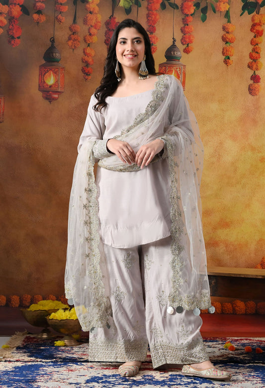 Light Pink Cotton Silk Kurta Set with intricate zardozi and sequin work, paired with plazo pants and matching dupatta