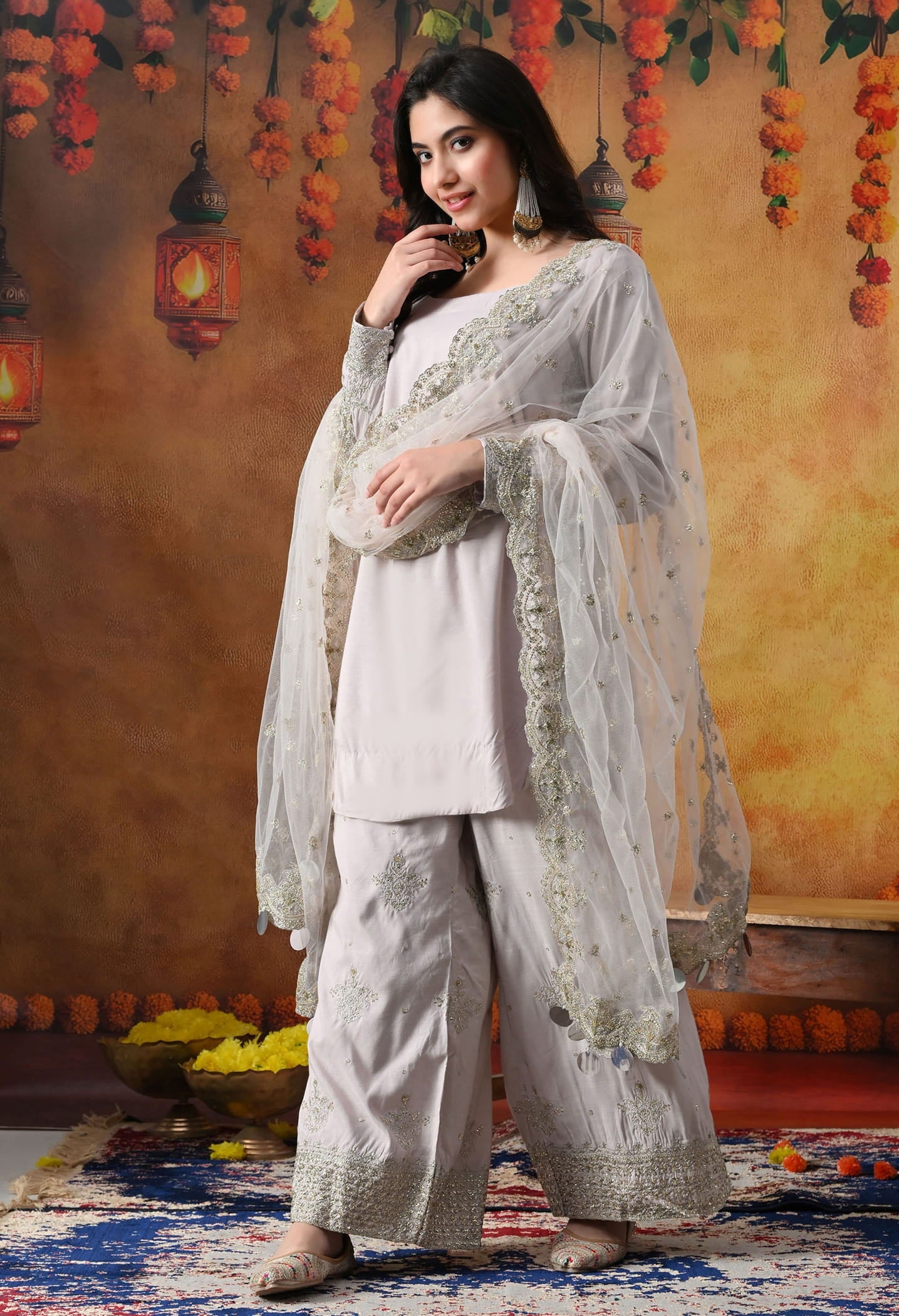 Light Pink Cotton Silk Kurta Set with intricate zardozi and sequin work, paired with plazo pants and matching dupatta