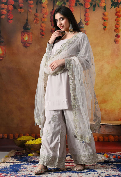 Light Pink Cotton Silk Kurta Set with intricate zardozi and sequin work, paired with plazo pants and matching dupatta