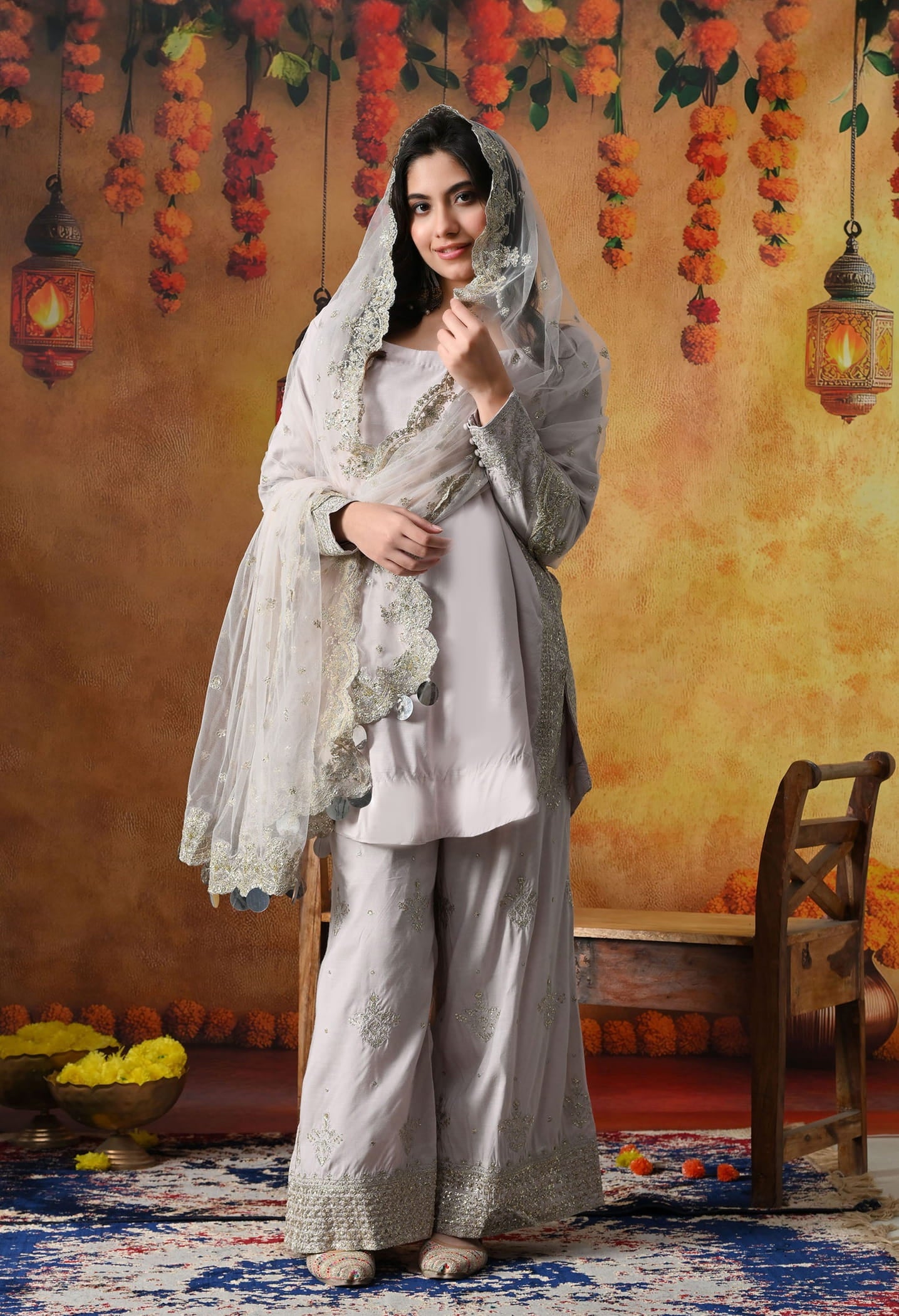 Light Pink Cotton Silk Kurta Set with intricate zardozi and sequin work, paired with plazo pants and matching dupatta
