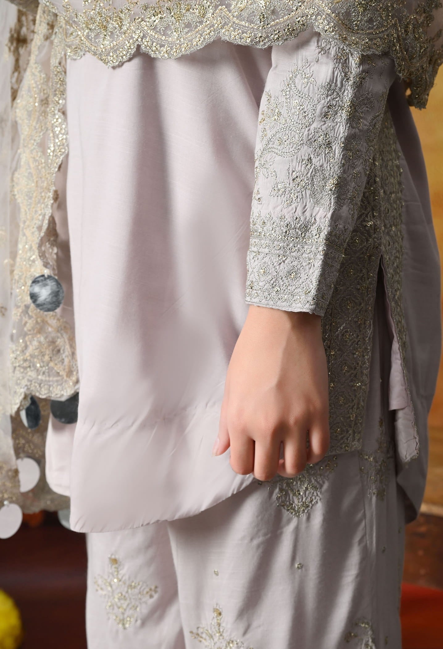 Light Pink Cotton Silk Kurta Set with intricate zardozi and sequin work, paired with plazo pants and matching dupatta
