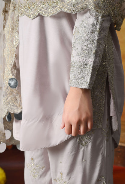 Light Pink Cotton Silk Kurta Set with intricate zardozi and sequin work, paired with plazo pants and matching dupatta