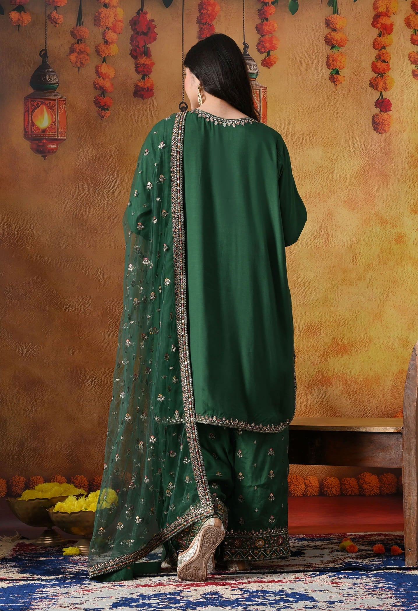Green Cotton Silk Kurta Set with intricate zardozi, sequin, and thread work, paired with a farshi salwar and matching dupatta