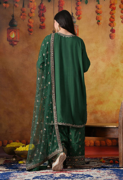 Green Cotton Silk Kurta Set with intricate zardozi, sequin, and thread work, paired with a farshi salwar and matching dupatta