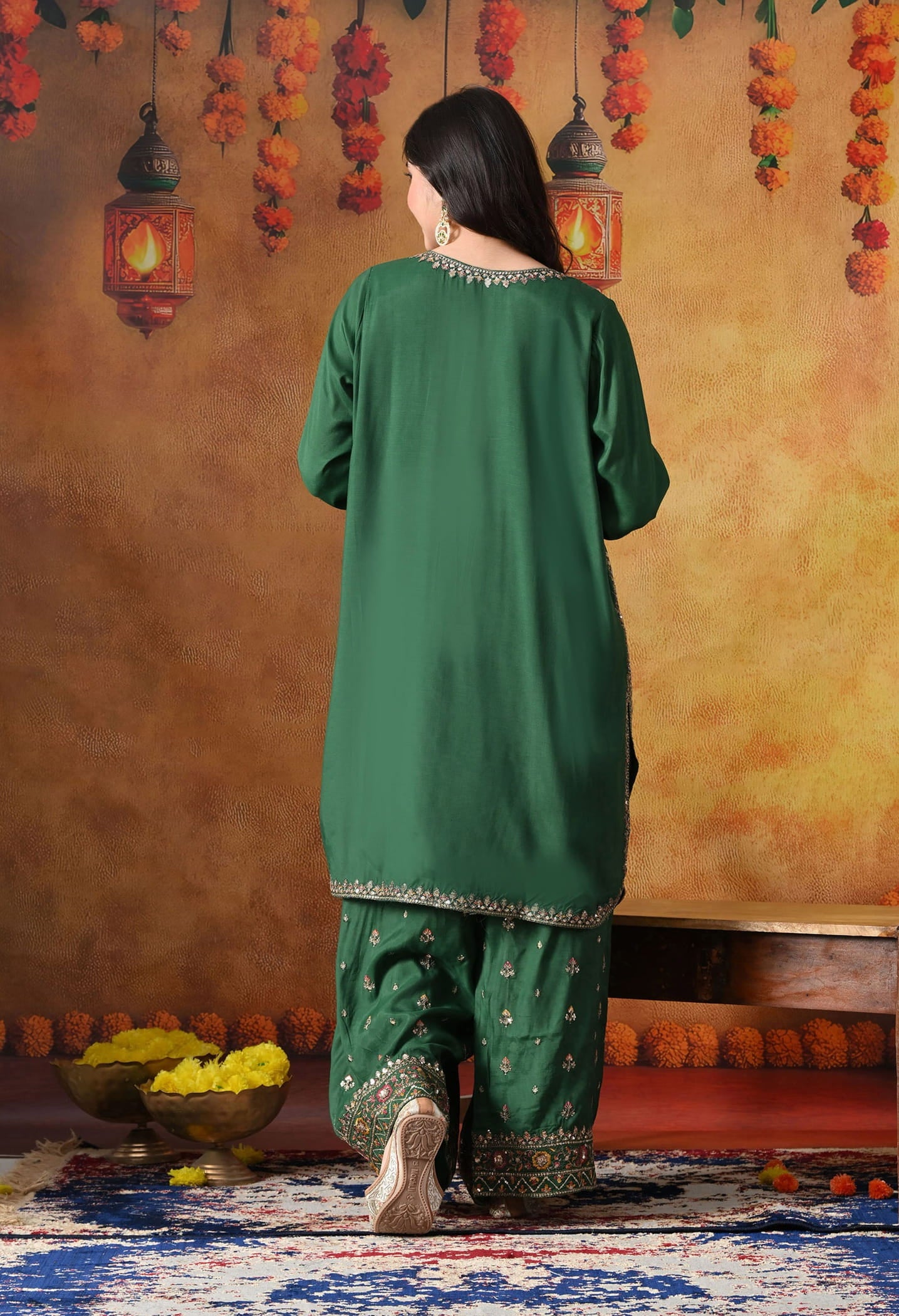Green Cotton Silk Kurta Set with intricate zardozi, sequin, and thread work, paired with a farshi salwar and matching dupatta